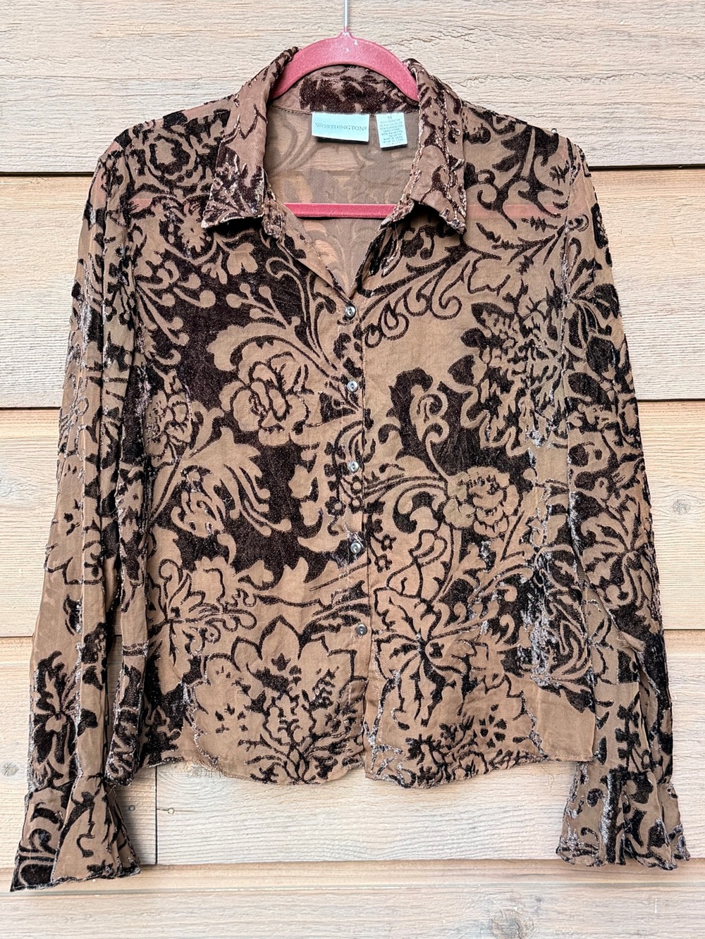 Worthington Brown Floral Burnout Velvet Button-Down Shirt